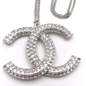 Chanel CC Crystal Pavé Pendant Necklace Large Logo Silver Tone